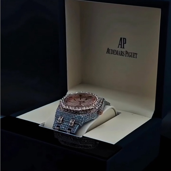 Moissanite Audemars Piguet Watch - Rose Gold Dial with Blue Strap - Picture 1 of 5